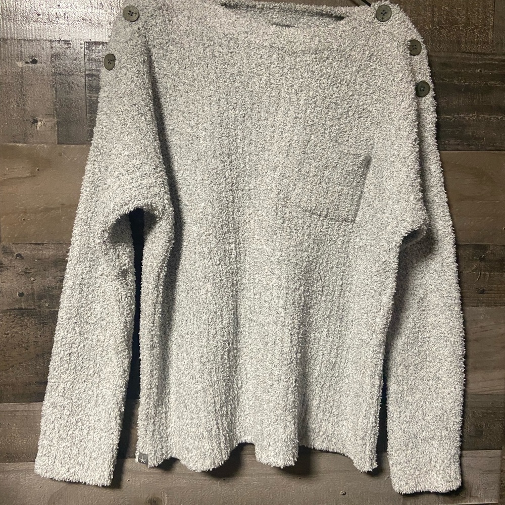 Barefoot Dreams Light Gray Bouclé Boatneck Sweater with Shoulder Buttons XL